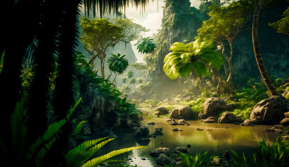 A beautiful fairytale enchanted jungle rainforest with sunbeams. Enchanted tropical rain forest. Digital art	 - obrazy, fototapety, plakaty