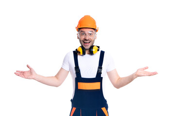 amazed worker man wearing uniform. photo of worker man. worker man isolated on white