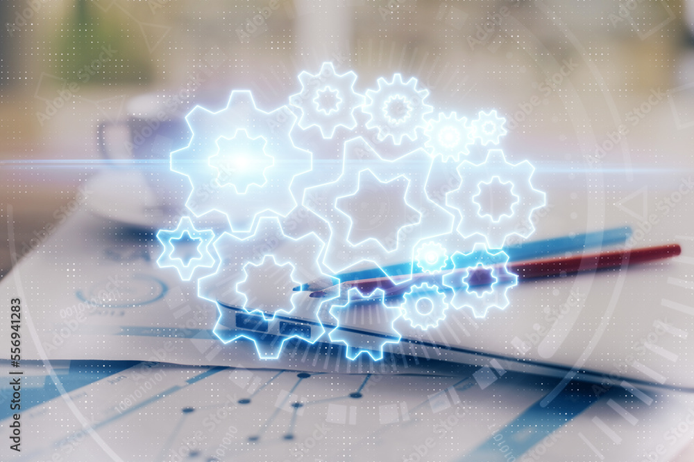 Aufkleber Double exposure of business theme icons and work space with computer background. Concept of success.