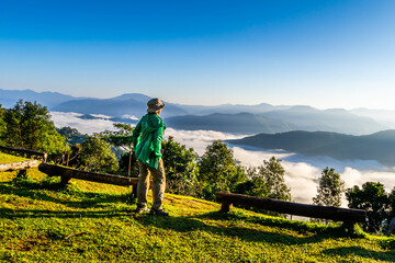 Beautiful sea of mist on high mountain in Mae Moei National park, Tak province, Thailand.