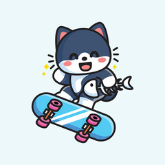 cute cat and skateboard vector