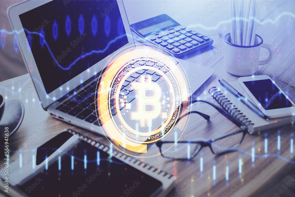Aufkleber Double exposure of blockchain and crypto economy theme hologram and table with computer background. Concept of bitcoin cryptocurrency.