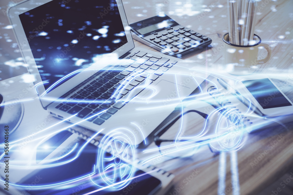 Aufkleber desktop computer background in office with automobile hologram drawing. multi exposure. tech concept