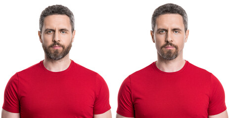 before and after. two man face stubble comparison before and after isolated on white.