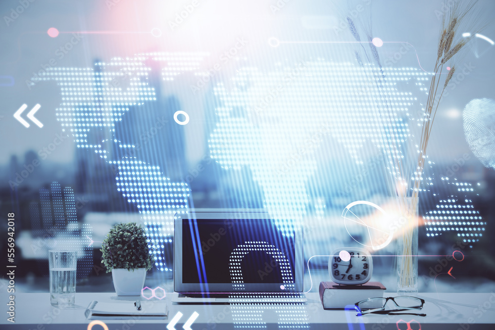 Poster Double exposure of desktop with computer and world map hologram. International data network concept.