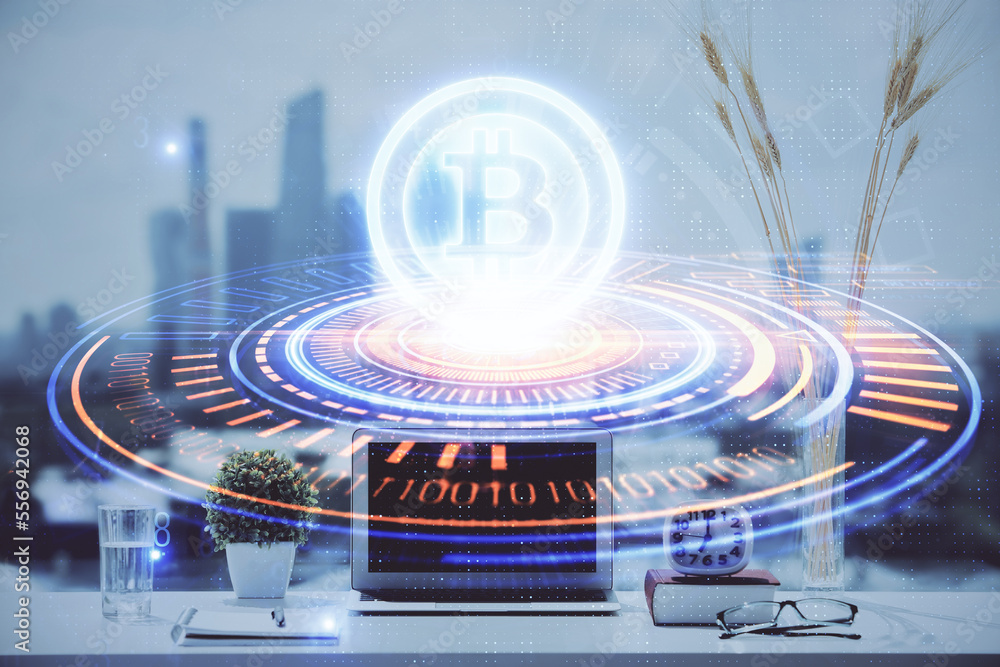 Poster Double exposure of blockchain and crypto economy theme hologram and table with computer background. Concept of bitcoin cryptocurrency.