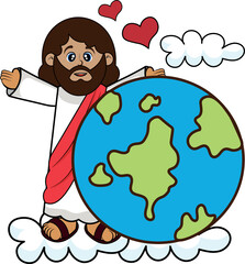 Cute drawing of Jesus with a terrestrial globe. Concept Religion, Love, Bible.