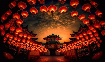 Papier Peint photo autocollant Lieu de culte Traditional Chinese Buddhist Temple illuminated for the Mid-Autumn festival. digital art