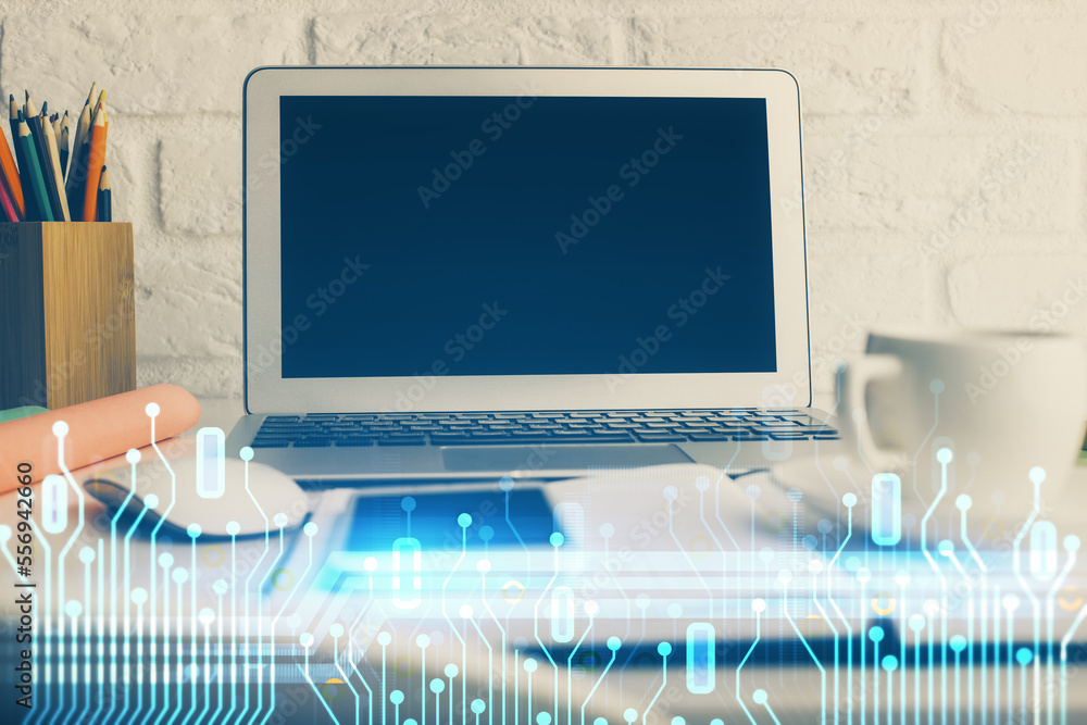 Poster Double exposure of desktop with personal computer on background and tech theme drawing. Concept of Bigdata.