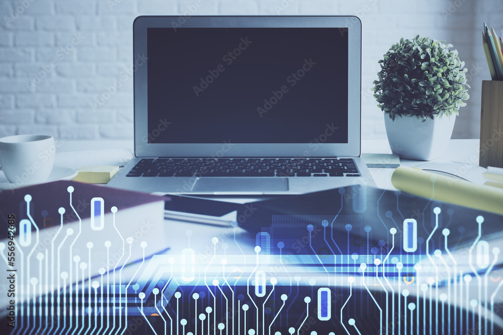 Aufkleber Multi exposure of desktop with personal computer and tech theme drawing. Concept of Bigdata.