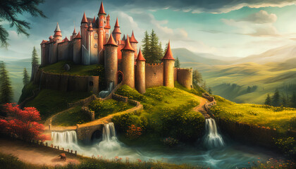 An breathtaking painting of a majestic castle set against the backdrop of a stunning waterfall. The image captures the grandeur and elegance of the castle, vibrant colors. Generative AI