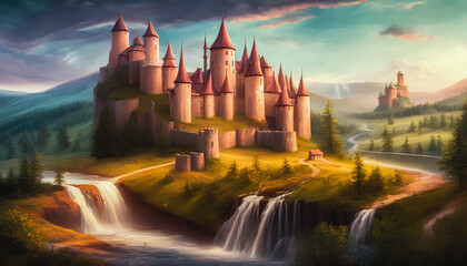 Fototapeta premium An breathtaking painting of a majestic castle set against the backdrop of a stunning waterfall. The image captures the grandeur and elegance of the castle, vibrant colors. Generative AI