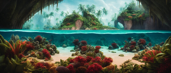 A breathtaking painting of a paradise on earth, depicting a lush, tropical island teeming with vibrant coral reefs. Generative AI