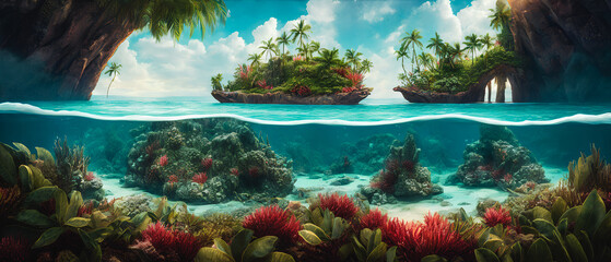 Fototapeta na wymiar A breathtaking painting of a paradise on earth, depicting a lush, tropical island teeming with vibrant coral reefs. Generative AI