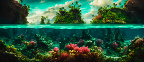 A breathtaking painting of a paradise on earth, depicting a lush, tropical island teeming with vibrant coral reefs. Generative AI - obrazy, fototapety, plakaty