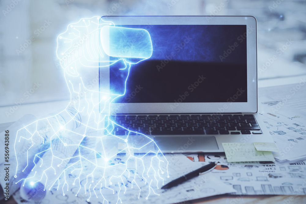 Aufkleber computer on desktop with ar theme icon. multi exposure. concept of augmented reality.