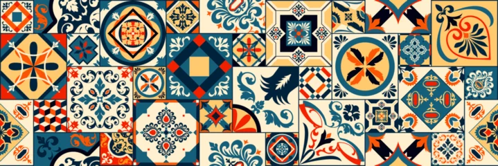 Tapeten Satz gemusterte Azulejo-Bodenfliesen. Abstrakter geometrischer Hintergrund. Vektorillustration, nahtloses mediterranes Muster. Portugiesische Bodenfliesen im Azulejo-Design. Kollektion von Talavera-Zementfliesen für Böden. © andrei