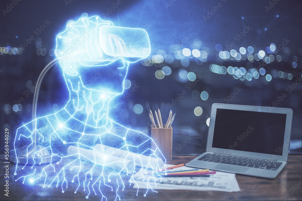 Aufkleber Computer on desktop with AR theme icon. Multi exposure. Concept of augmented reality.