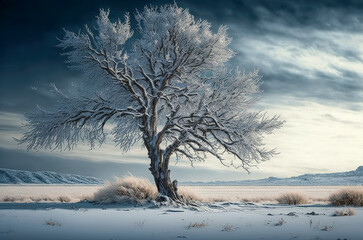 tree covered snow and sunrise. winterly morning of a new day. winter landscape. Generative AI