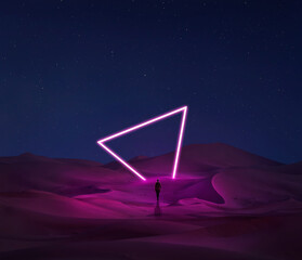 Triangle glow object in the dark desert - obrazy, fototapety, plakaty