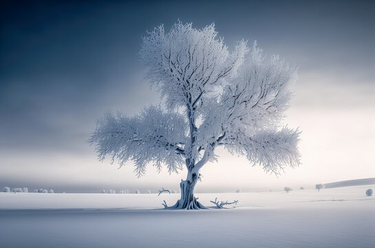 tree covered snow and sunrise. winterly morning of a new day. winter landscape. Generative AI
