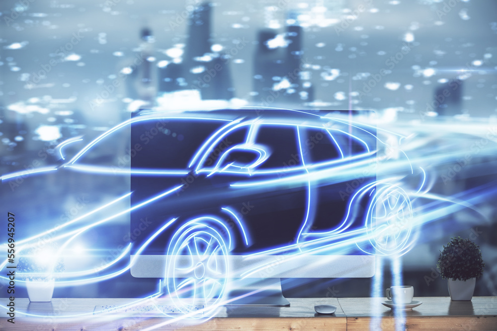 Poster desktop computer background in office with automobile hologram drawing. multi exposure. tech concept