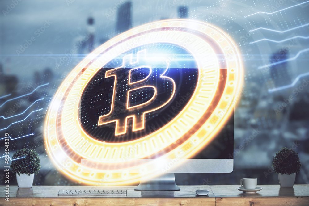 Poster Multi exposure of blockchain theme hologram and table with computer background. Concept of bitcoin crypto currency.