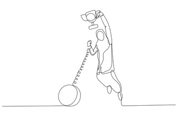 Illustration of muslim businesswoman break the chain and get the trophy prize. Continuous line art