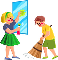 Obraz na płótnie Canvas cleaning kid vector. child home, house room, girl family, children boy, happy woman, floor, housework cleaning kid character. people flat cartoon illustration