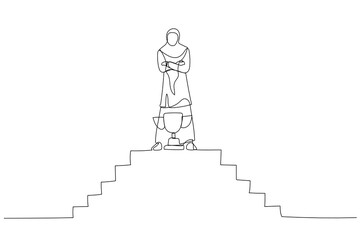 Cartoon of muslim businesswoman on top of the stairs being a winner with trophy. Single line art style