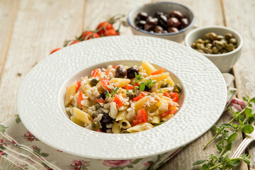 pasta with fish ragout black olives and capers
