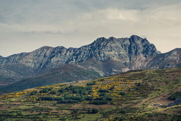 Mountain landscape photography. Route of the reservoirs in the mountains of Palencia with the Curavacas peak in the background