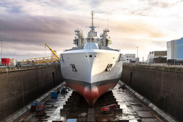 Close-up of a ship under construction in a shipyard in Saint Nazaire, France