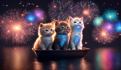 Three kittens watching fireworks from a boat
