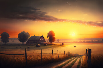 Fototapeta na wymiar A summer evening's sunset in farmland in the countryside against a hazy sky. Landscape. Generative AI