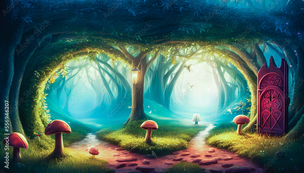 Wall mural fantasy forest landscape, surrealism. tender and dreamy design, generative ai