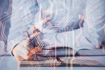 Obraz premium Close up of human hands and abstract innovative technologies for industries. Double exposure.