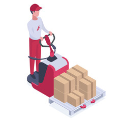 Isometric logistic worker. Delivery service and warehouse worker on forklift carries parcels flat vector illustration on white background