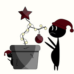 A black weirdo in a Santa Claus hat near a pot with a bare branch decorated with a Christmas ball and a star and a little man peeking out from behind the pot. A sad Christmas.  - obrazy, fototapety, plakaty