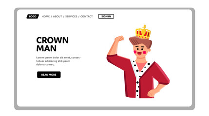 crown man vector. king royal, caucasian head, hand gold, face golden, luxury handsome crown man web flat cartoon illustration