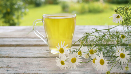 Glass cup of chamomile tea