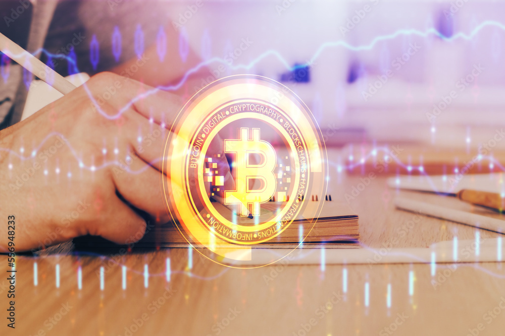 Poster Man's hands working with notes background. Cryptocurrency and finance concept.
