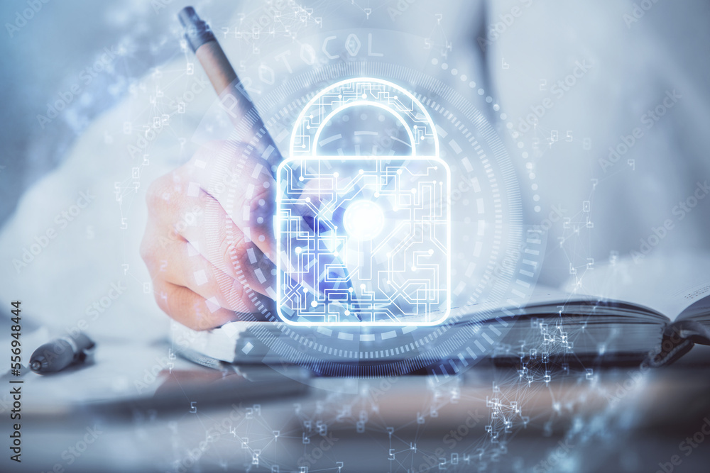 Poster double exposure of hands making notes with lock icons. concept security and protection of data