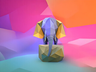 Low poly elephant on a bright colored background. Papier mache statuette, frontal view. Generative AI.