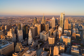Top View of Downtown Skyline Philadelphia USA. Beautiful Sunset Skyline of Philadelphia City...