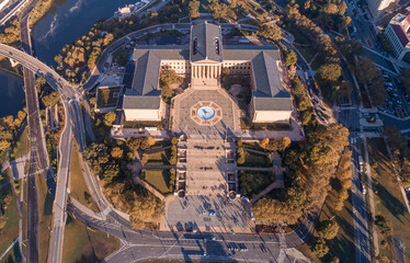 Philadelphia art museum entrance, Pennsylvania, USA. Sightseeing Object in Philly. Beautiful Sunset Light.