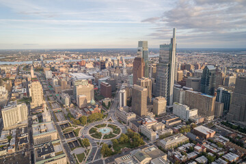 Top View of Downtown Skyline Philadelphia USA and City Hall. Philadelphia City Center, Pennsylvania. Business Financial District and Skyscrapers in Background.