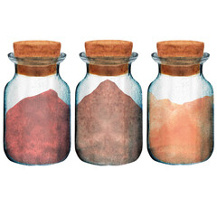 Three hand-drawn watercolor glass bottles with condiments: paprika, nutmeg and turmeric powder