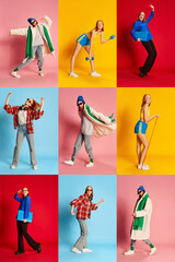 Collage. Full-length portraits of young redhead girl posing in different clothes over multicolored background. Lifestyle, hobby and occupation