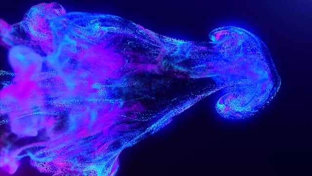 Abstract fluid explosion iridescent blue and purple glowing energy magic waves with blur effect in liquid water on dark blue background. Abstract background. Video in high quality 4k, motion design